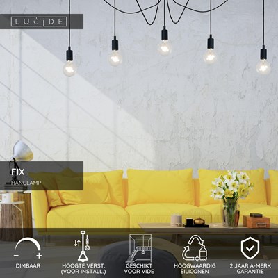 Lucide FIX - Hanglamp - 5xE27 - Geschikt voor vide en hoge plafonds - Zwart